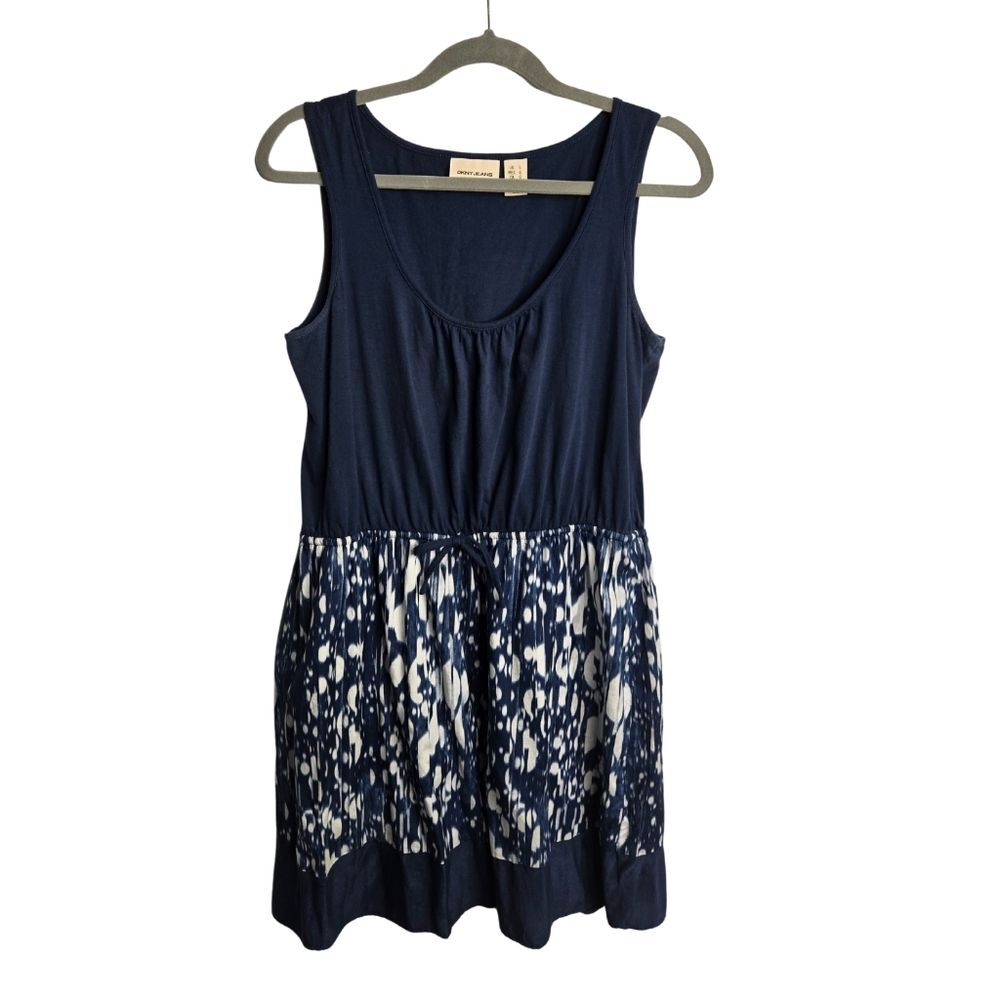 DKNY Jeans Abstract Sleeveless Mini Dress Drawstring Waist Navy White L